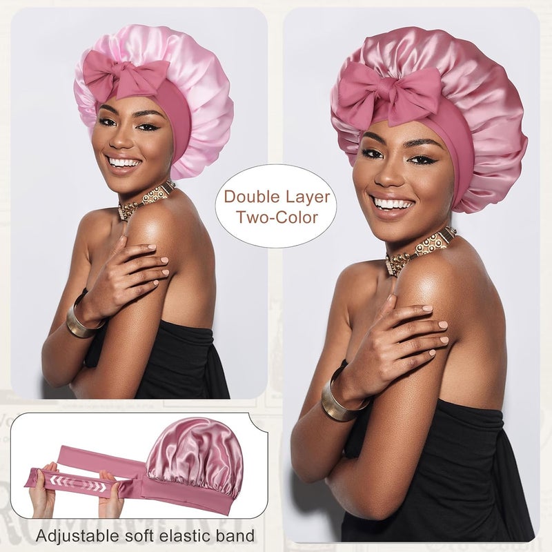 CHLINS Satin Bonnet for Sleeping Cap Double Layer Hair Bonnet with Elastic Tie Band for Curly Hair Night Cap (Bean Paste + Pink) - Image 2